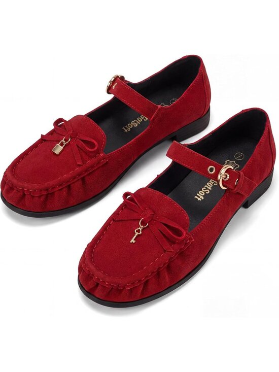 Shoes - Women's Red Leather Loafers Bow Buckle Comfortable Classic Dress Work Shoes